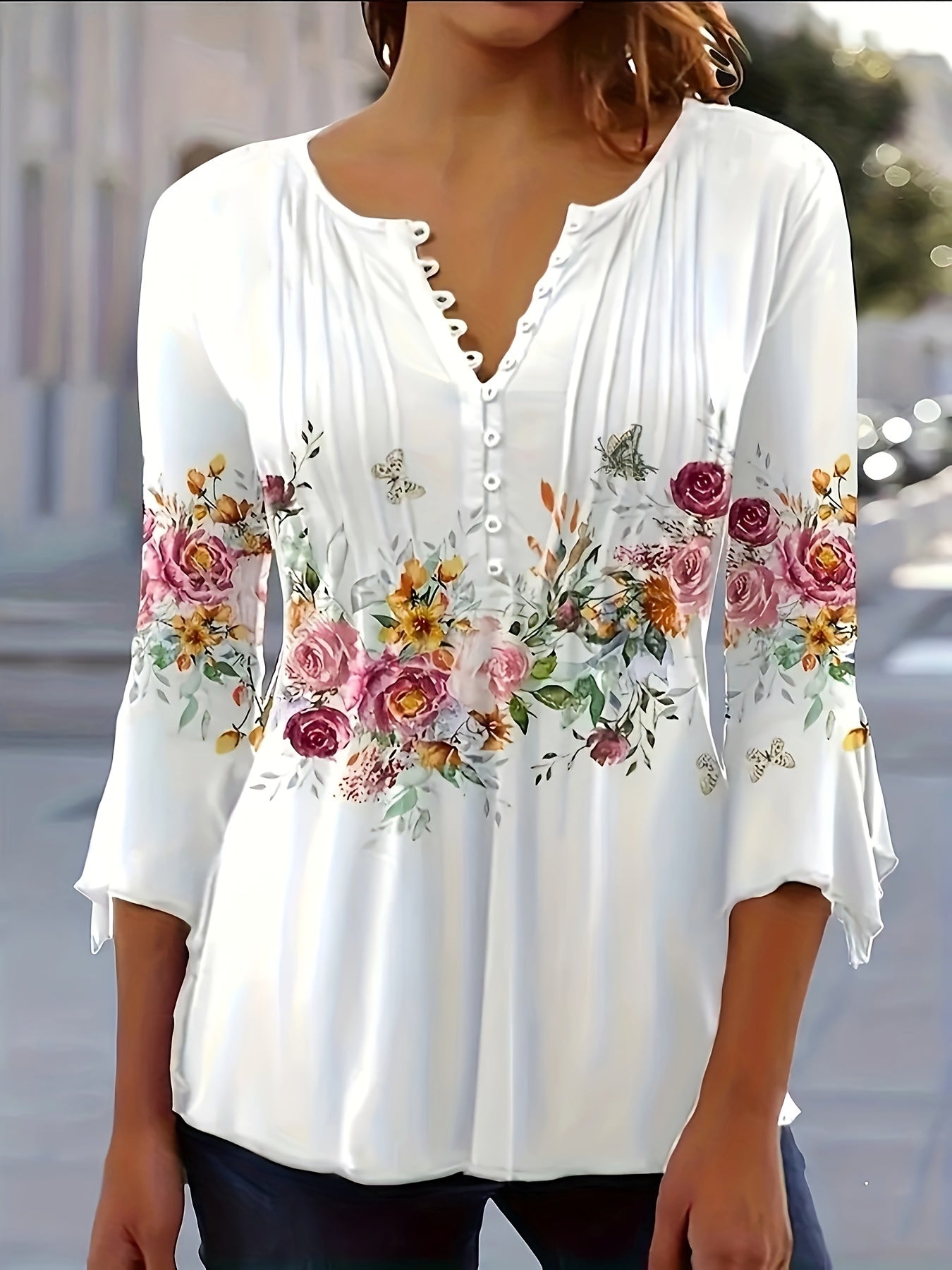 Women's Blouse - V-Neck Button Detail - Long Sleeve Flowy Floral Print