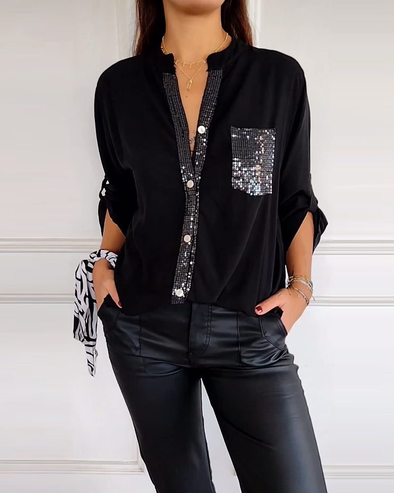 Women’s Blouse – Relaxed Fit – Sequin Placket – Roll Tab Sleeves – Breathable Blend