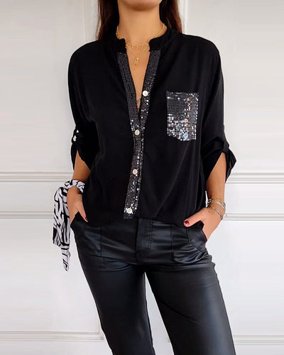 Women’s Blouse – Relaxed Fit – Sequin Placket – Roll Tab Sleeves – Breathable Blend