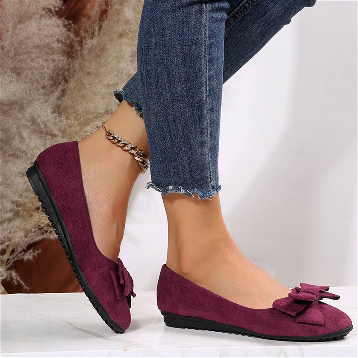 Women’s Ballet Flats – Suede-Look – Slip-On – Bow Detail – Casual Footwear