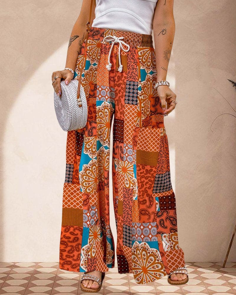 Women's Palazzo Trousers - High Waist - Wide Leg - Adjustable Drawstring - Boho Print