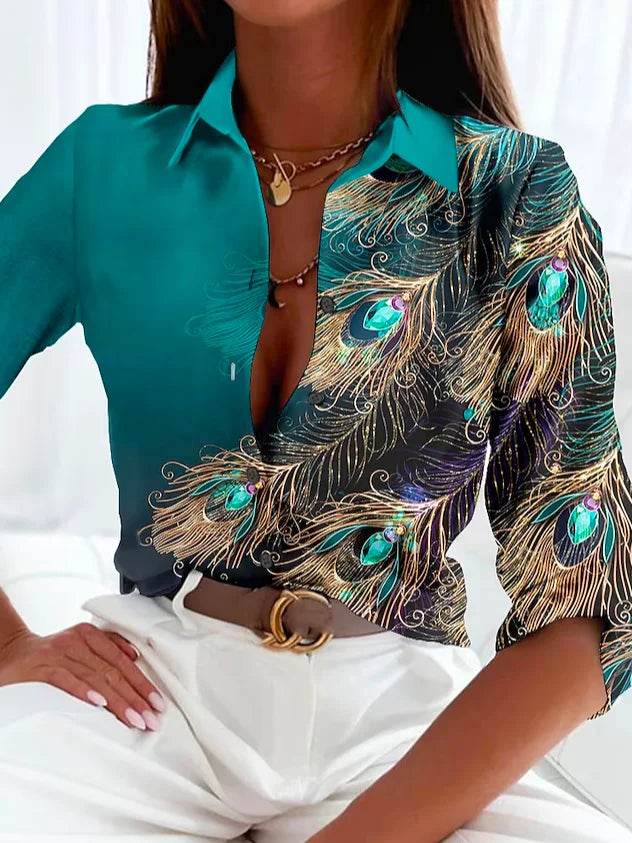 Women’s Blouse – Luxury Fabric – Fitted Silhouette – Feather Print – Button Down