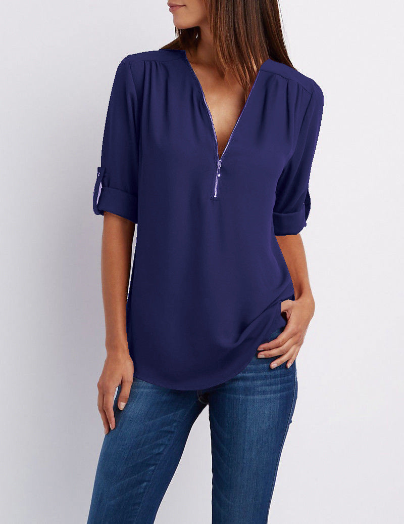 Half zip-front formal blouse for women