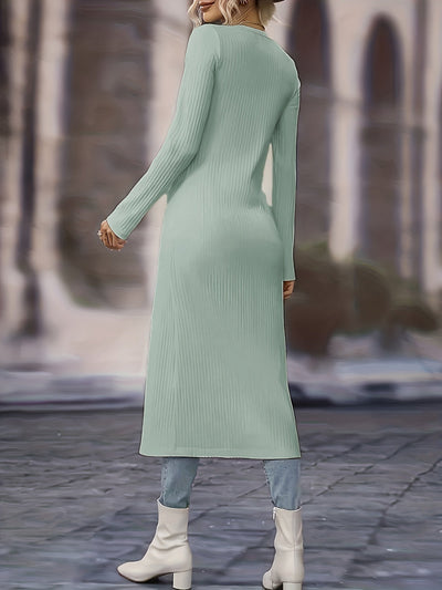 Women's Long Cardigan - Button Front V-Neck - Fitted Knit - Knee Length Layering Piece