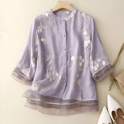 Women’s Blouse – Breathable material – Relaxed Fit – Embroidered – Button-Down – 3/4 Sleeve