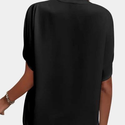 Women's Blouse - V-Neck Stand Collar - Short Sleeve Lightweight Relaxed Fit