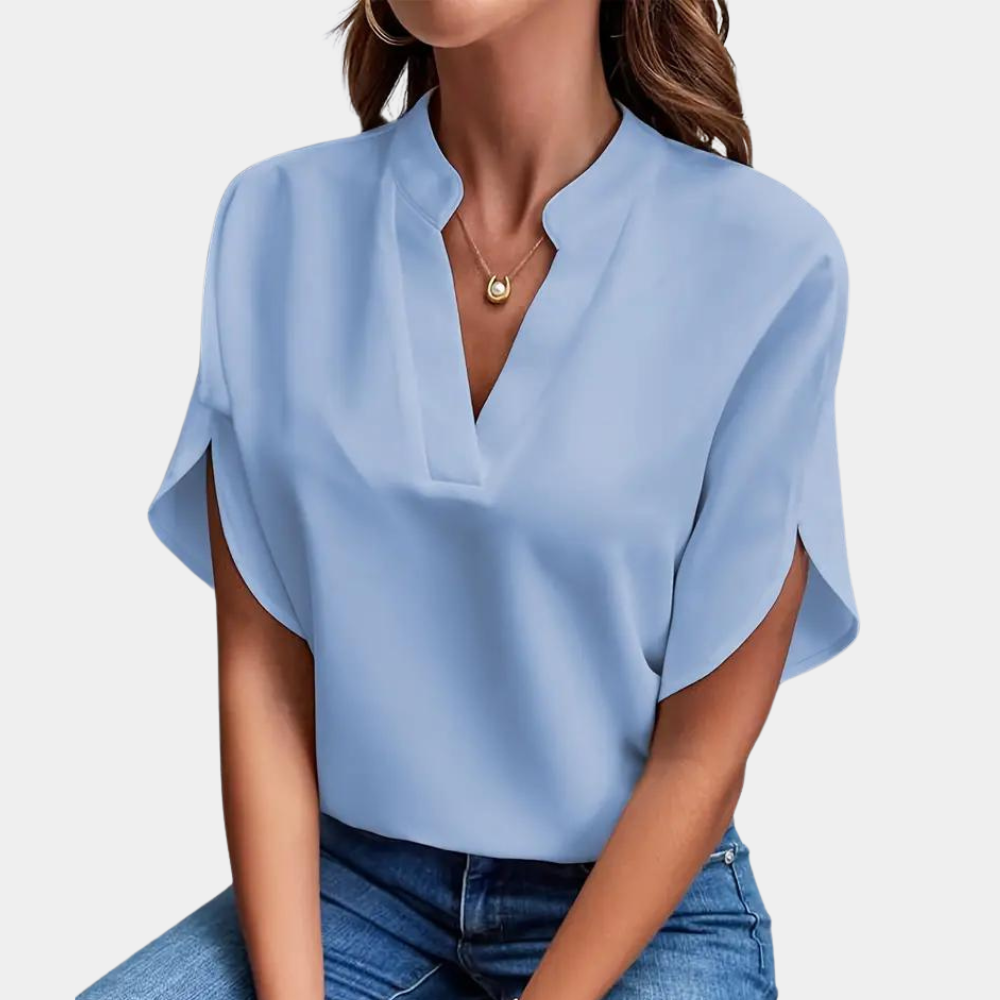 Women's Blouse - V-Neck Stand Collar - Short Sleeve Lightweight Relaxed Fit