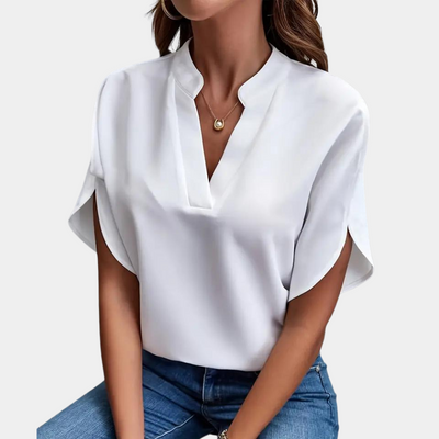 Women's Blouse - V-Neck Stand Collar - Short Sleeve Lightweight Relaxed Fit