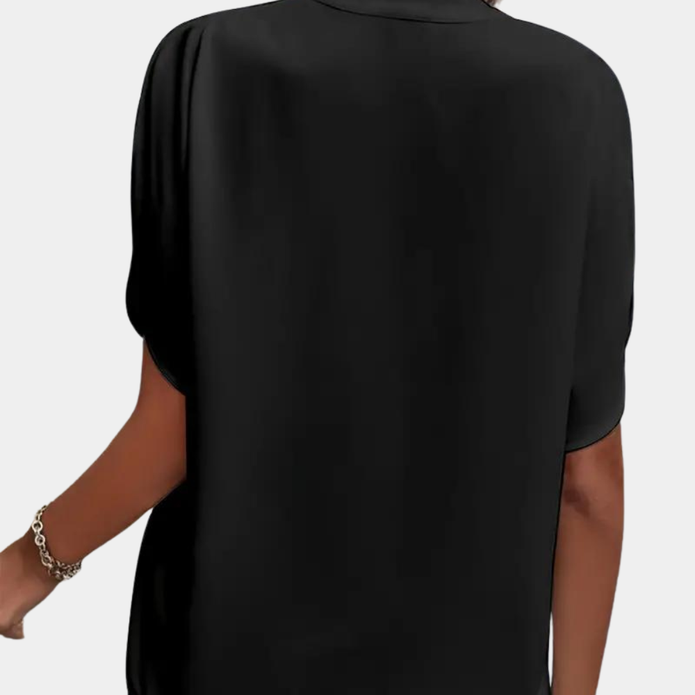 Women's Blouse - V-Neck Stand Collar - Short Sleeve Lightweight Relaxed Fit