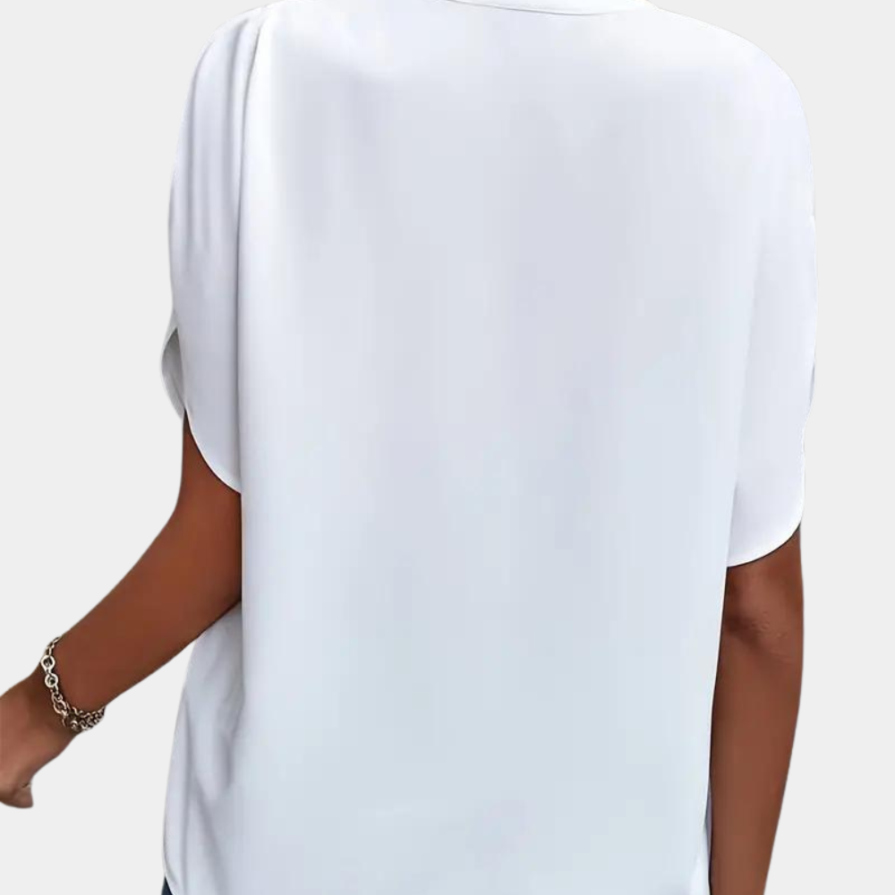 Women's Blouse - V-Neck Stand Collar - Short Sleeve Lightweight Relaxed Fit