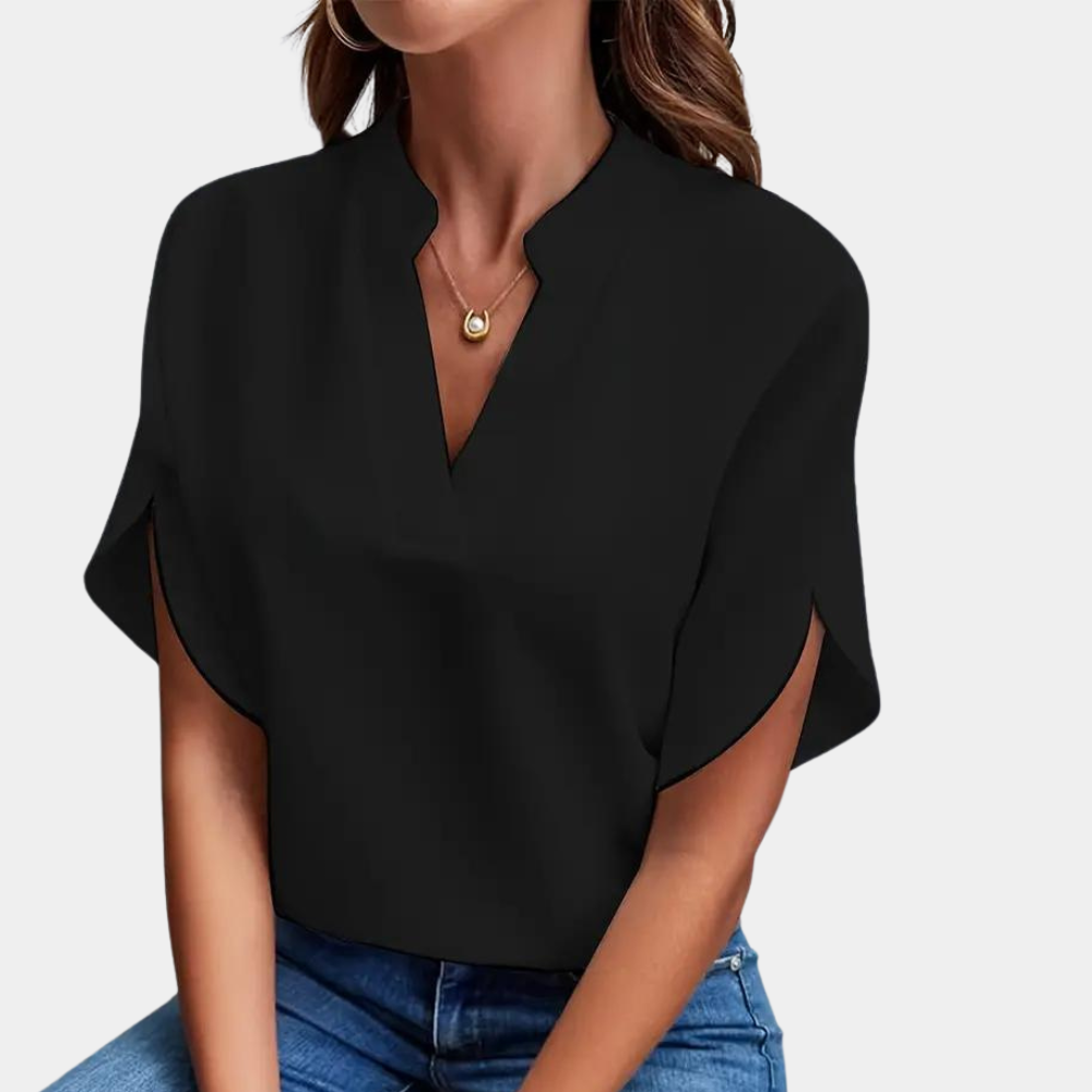 Women's Blouse - V-Neck Stand Collar - Short Sleeve Lightweight Relaxed Fit
