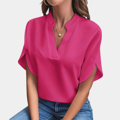 Women's Blouse - V-Neck Stand Collar - Short Sleeve Lightweight Relaxed Fit