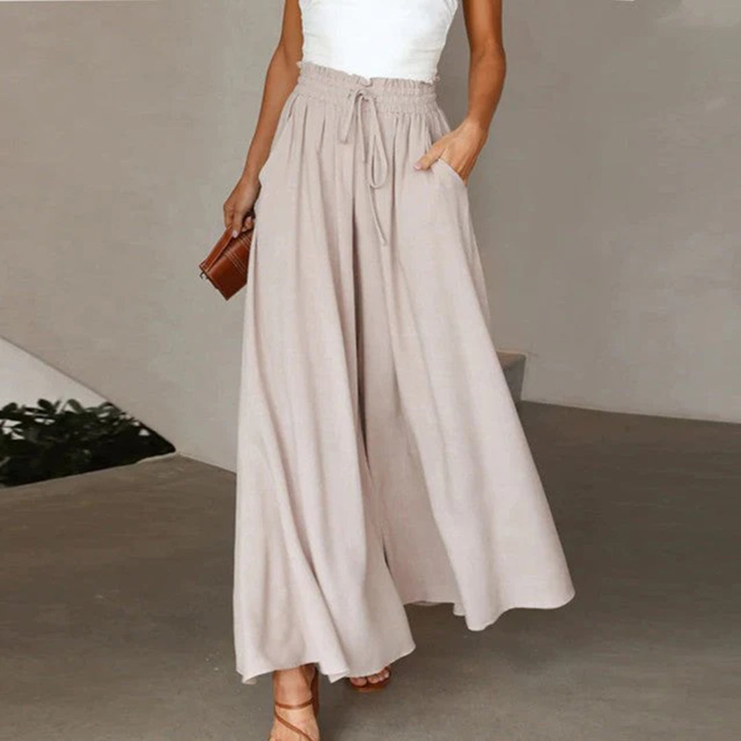 Women's Maxi Skirt - High Waist - Elastic Drawstring - Lightweight Flowing Design with Pockets