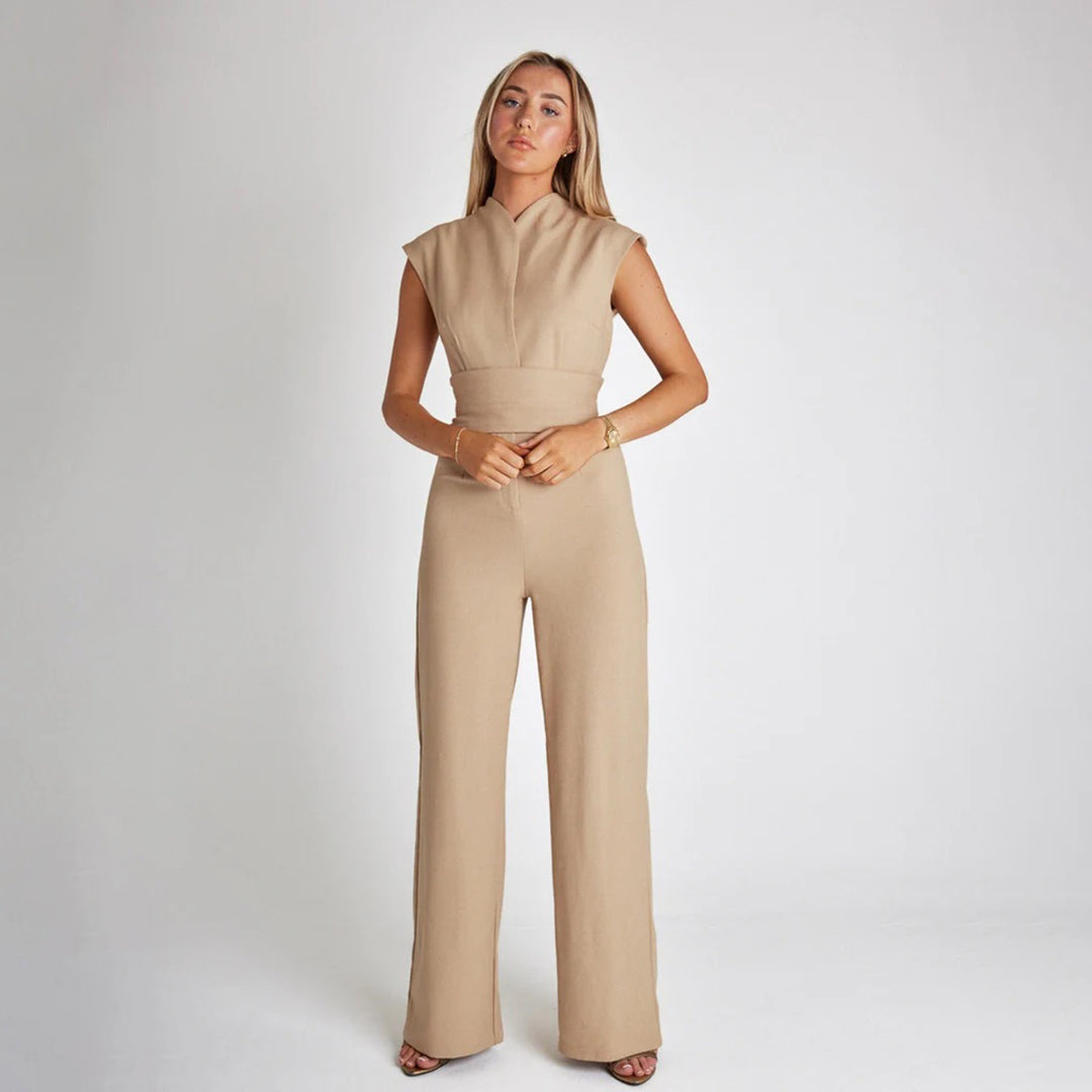 Women's Jumpsuit - Sleeveless High Neck - Fitted Bodice - Wide-Leg with Waist Tie