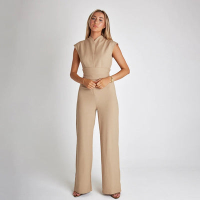Women's Jumpsuit - Sleeveless High Neck - Fitted Bodice - Wide-Leg with Waist Tie