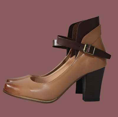 Women’s Block Heel Shoes – Leather Look – Ankle Strap – Closed Toe – Elegant Fit