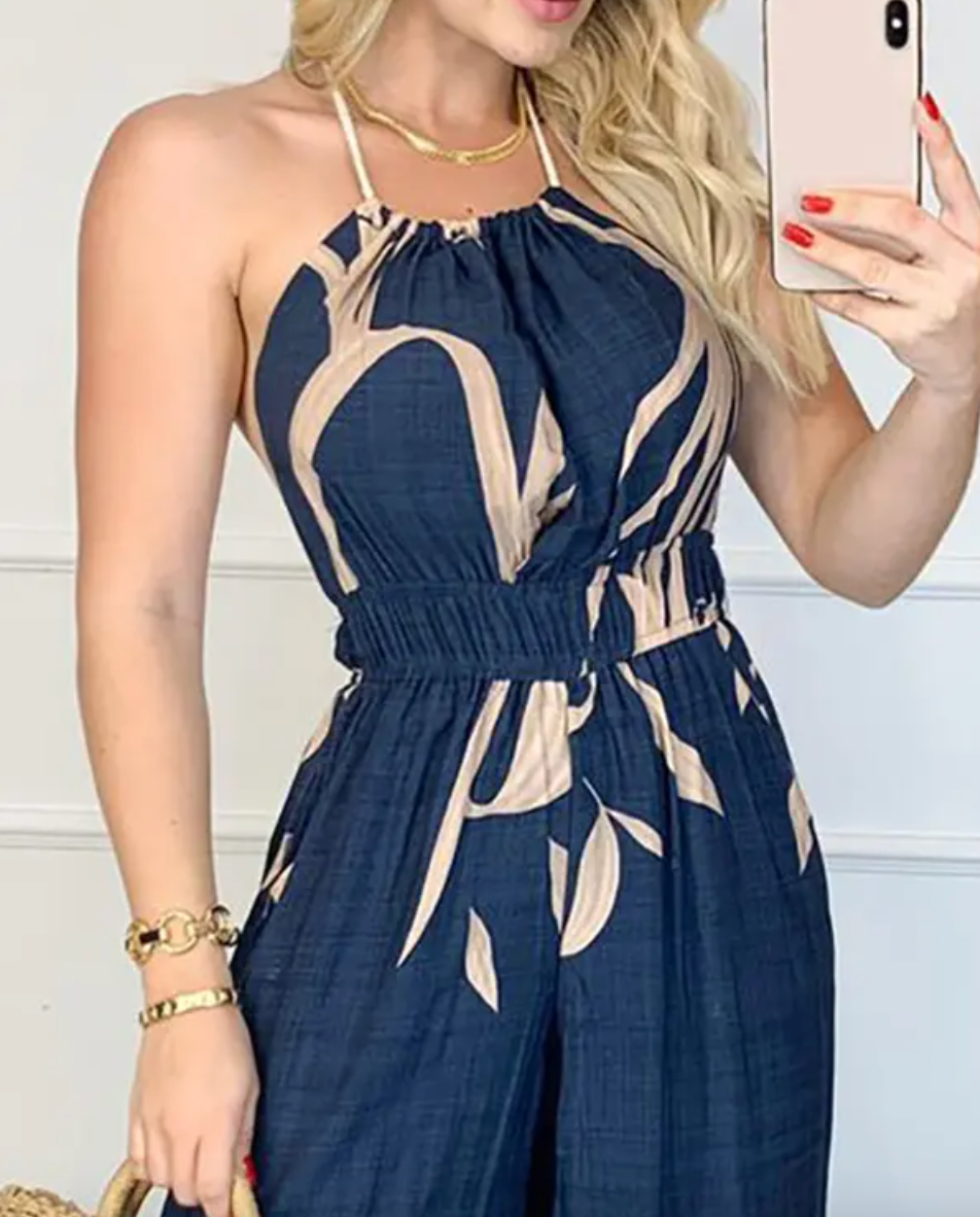 Women's Jumpsuit - Halter Neck - Cinched Waist - Wide-Leg Flowing Fabric - Floral Print