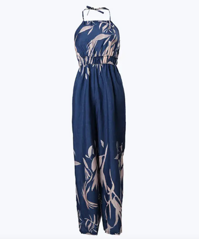 Women's Jumpsuit - Halter Neck - Cinched Waist - Wide-Leg Flowing Fabric - Floral Print