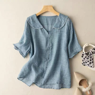 Women's cotton and linen retro short sleeved navy doll collar thin shirt