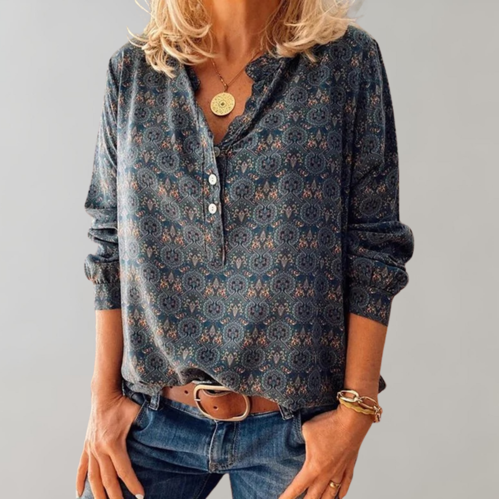 Women's Blouse - Henley Neckline - Lightweight Flowing Fabric - Long Sleeve Casual Fit