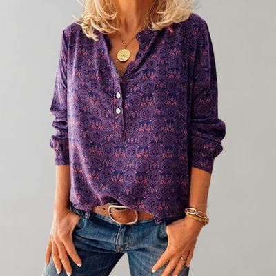 Women's Blouse - Henley Neckline - Lightweight Flowing Fabric - Long Sleeve Casual Fit