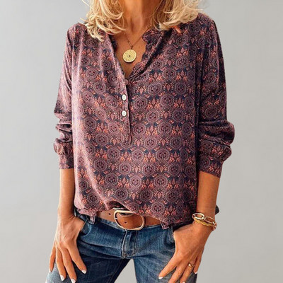 Women's Blouse - Henley Neckline - Lightweight Flowing Fabric - Long Sleeve Casual Fit