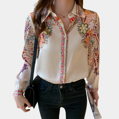 Women's Blouse - Satin Finish - Button Down - Collared Neckline - Long Sleeve Relaxed Fit
