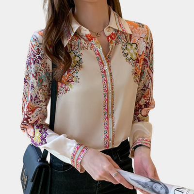 Women's Blouse - Satin Finish - Button Down - Collared Neckline - Long Sleeve Relaxed Fit