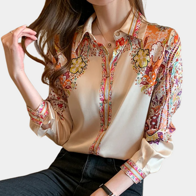 Women's Blouse - Satin Finish - Button Down - Collared Neckline - Long Sleeve Relaxed Fit