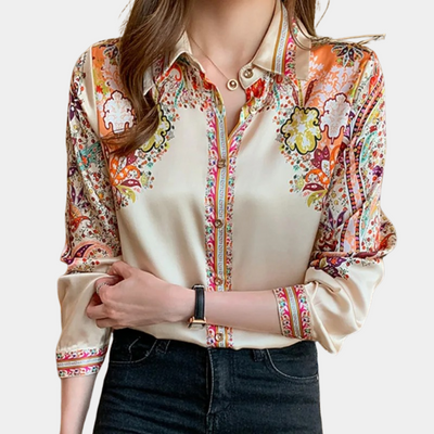 Women's Blouse - Satin Finish - Button Down - Collared Neckline - Long Sleeve Relaxed Fit