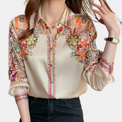 Women's Blouse - Satin Finish - Button Down - Collared Neckline - Long Sleeve Relaxed Fit