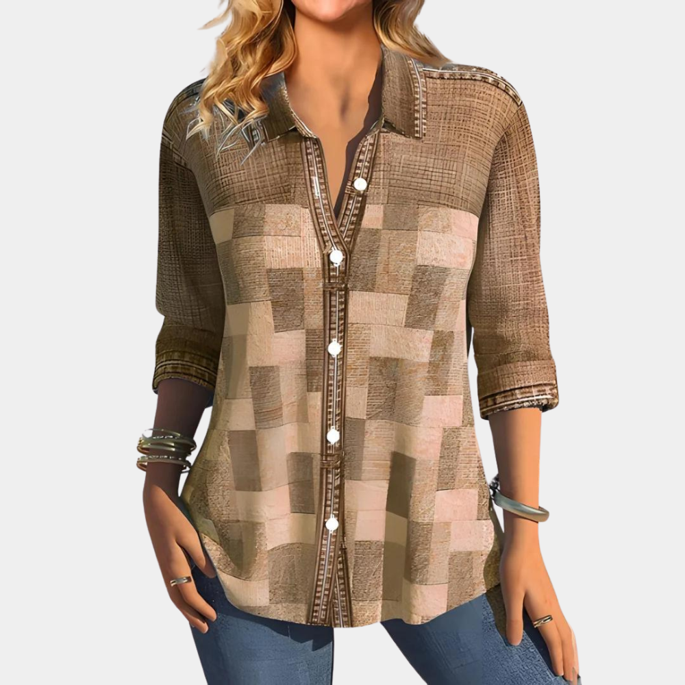 Women's Button-Up Shirt - Patchwork Textured Design - Classic Collar - Casual Fit