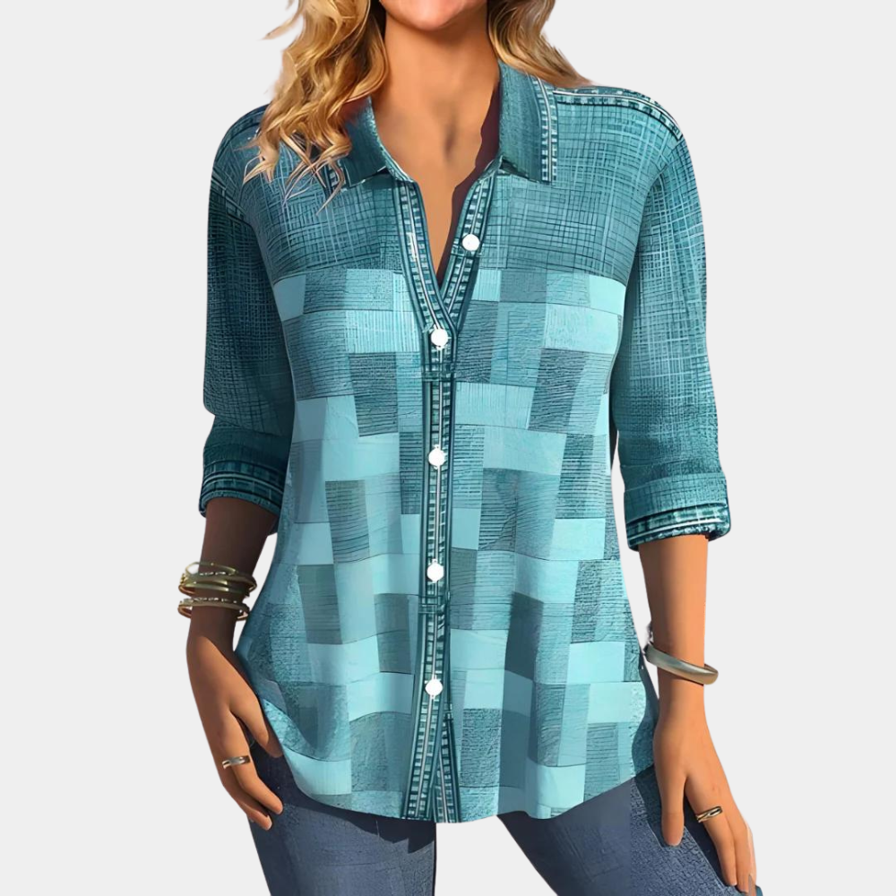 Women's Button-Up Shirt - Patchwork Textured Design - Classic Collar - Casual Fit
