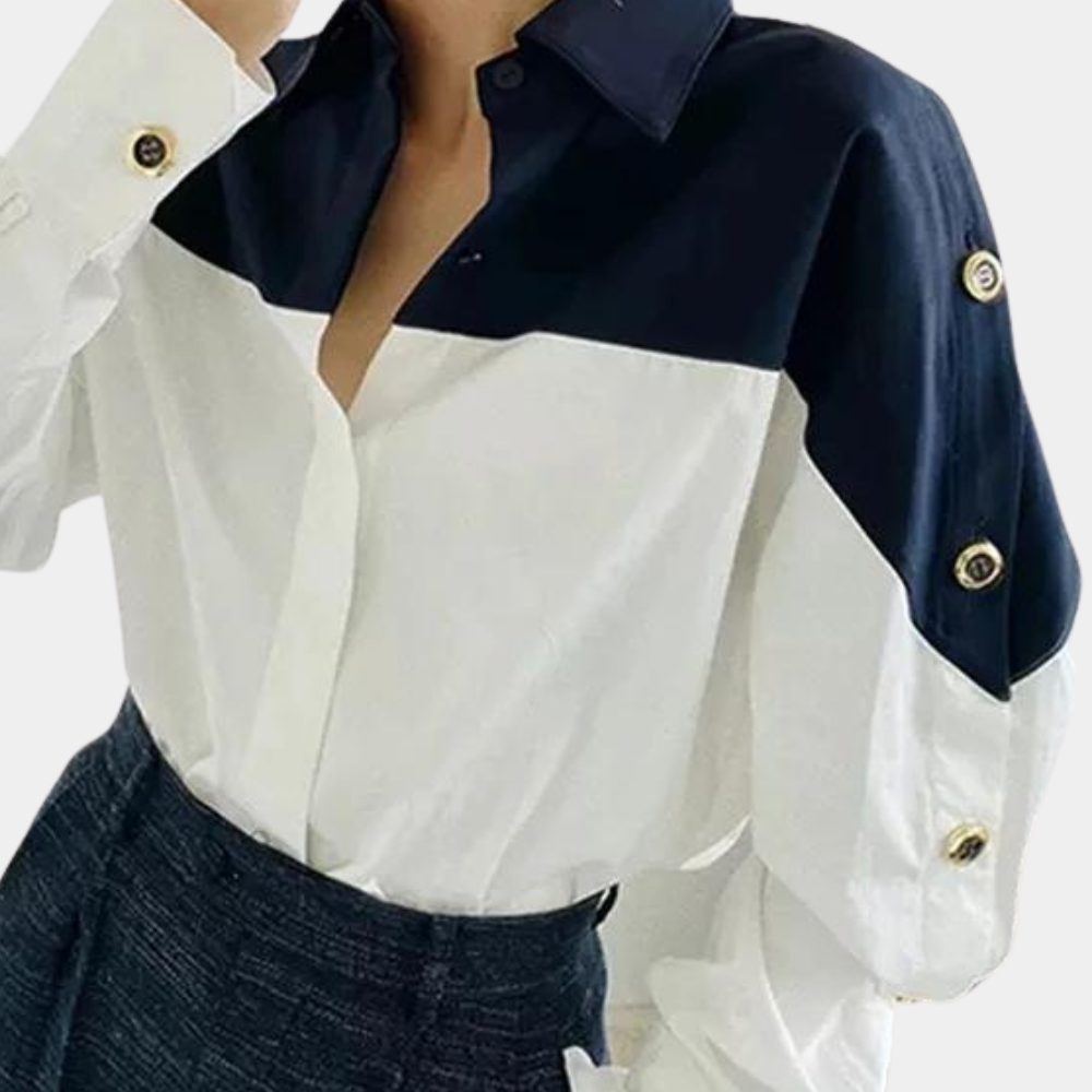 Women's Blouse - Two-Tone Design - Relaxed Fit - Long Sleeve - Button Cuff Elegant Style