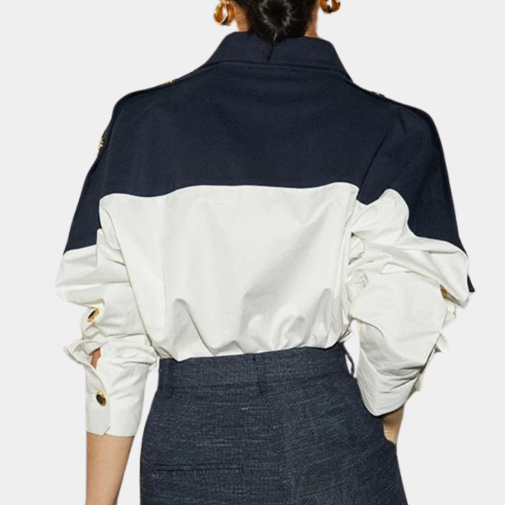 Women's Blouse - Two-Tone Design - Relaxed Fit - Long Sleeve - Button Cuff Elegant Style
