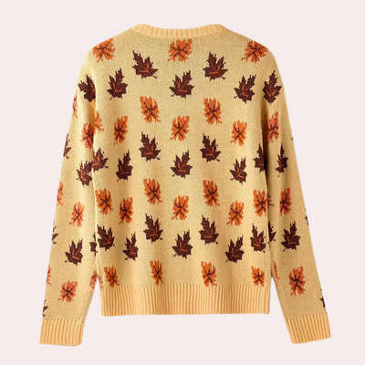 Women's Knitted Sweater - Leaf Pattern - Round Neck - Long Sleeve - Ribbed Cuffs
