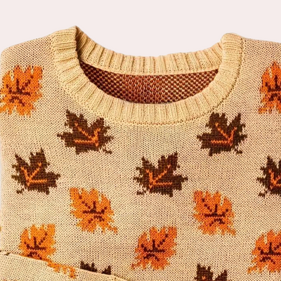 Women's Knitted Sweater - Leaf Pattern - Round Neck - Long Sleeve - Ribbed Cuffs