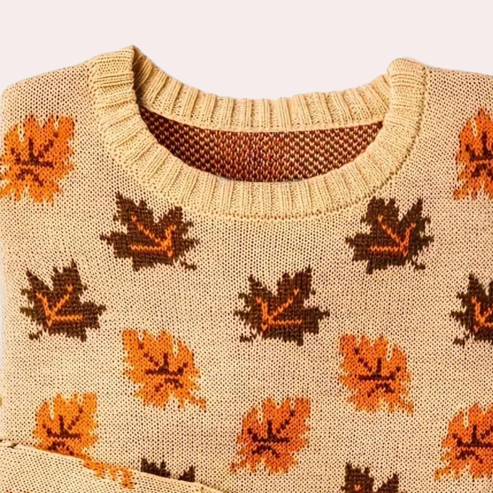 Women's Knitted Sweater - Leaf Pattern - Round Neck - Long Sleeve - Ribbed Cuffs
