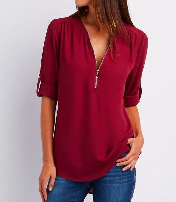 Women’s Blouse – Relaxed Fit – V-Neck Zip – Roll-Tab Sleeve – Breathable Blend