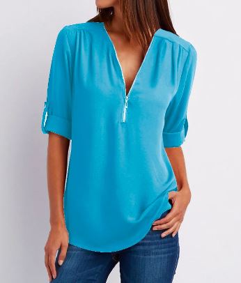 Women’s Blouse – Relaxed Fit – V-Neck Zip – Roll-Tab Sleeve – Breathable Blend