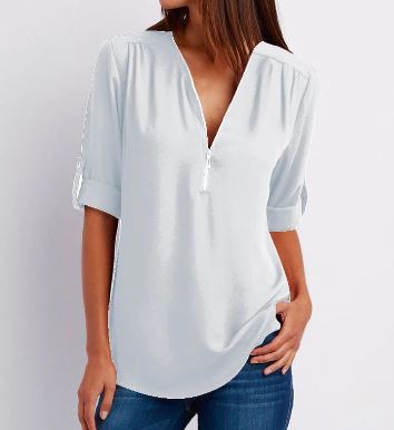 Women’s Blouse – Relaxed Fit – V-Neck Zip – Roll-Tab Sleeve – Breathable Blend
