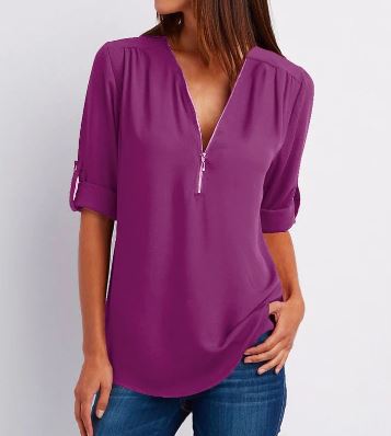 Women’s Blouse – Relaxed Fit – V-Neck Zip – Roll-Tab Sleeve – Breathable Blend