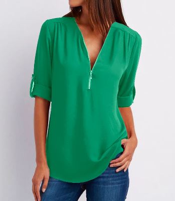 Women’s Blouse – Relaxed Fit – V-Neck Zip – Roll-Tab Sleeve – Breathable Blend