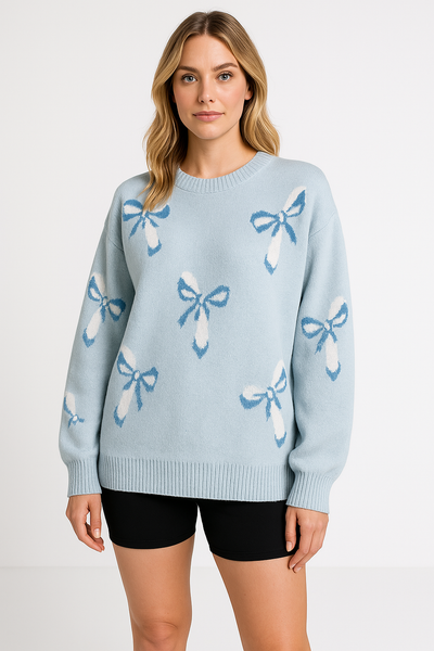 Women’s Pullover Sweater – Oversized Fit – Wool Knit – Jacquard Bow Pattern – Crew Neck