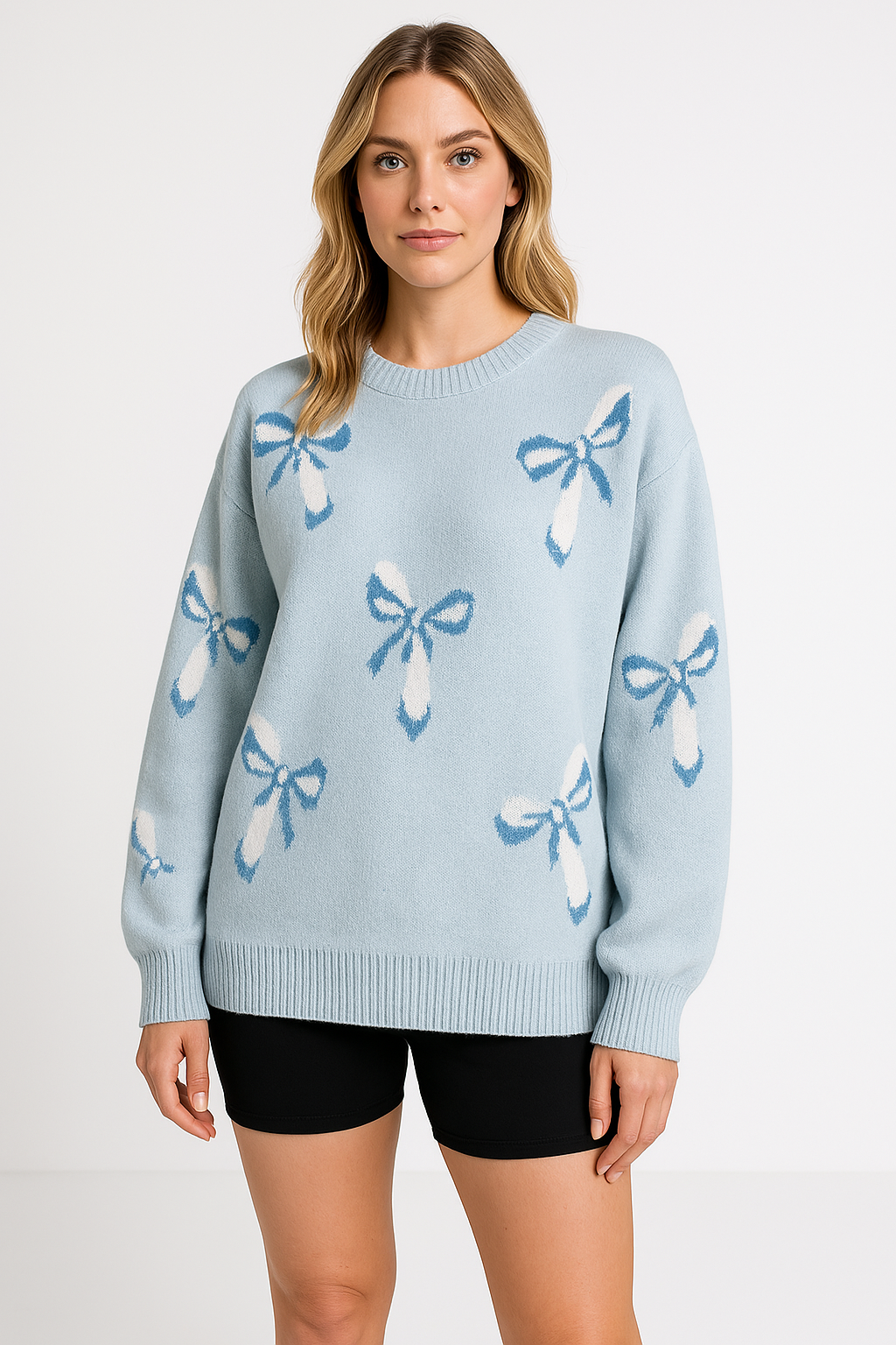 Women’s Pullover Sweater – Oversized Fit – Wool Knit – Jacquard Bow Pattern – Crew Neck