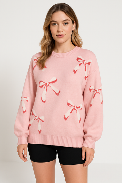 Women’s Pullover Sweater – Oversized Fit – Wool Knit – Jacquard Bow Pattern – Crew Neck