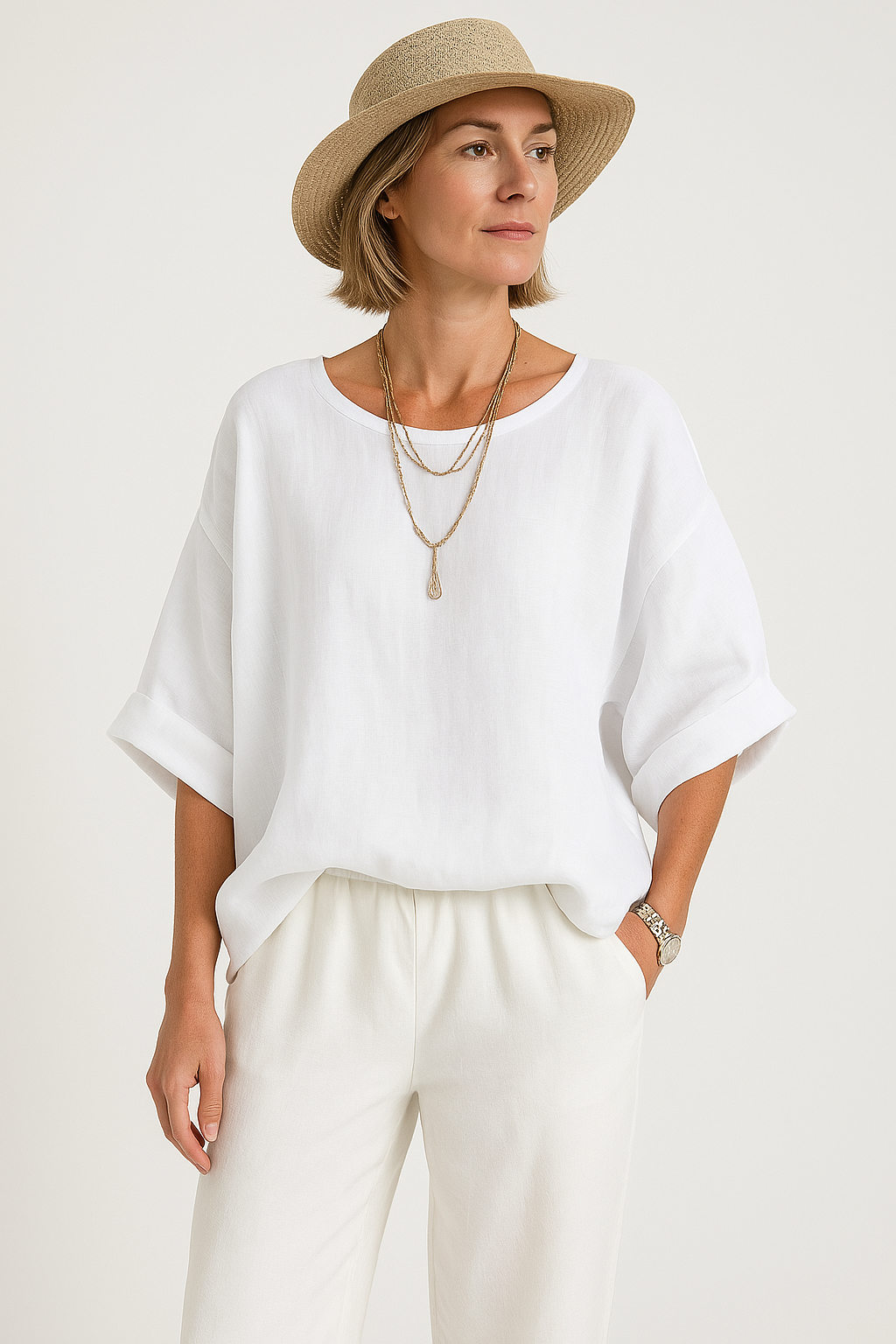 Women’s Oversized Blouse – Cotton Linen Blend – Drop Shoulder – Round Neck – Hip Length