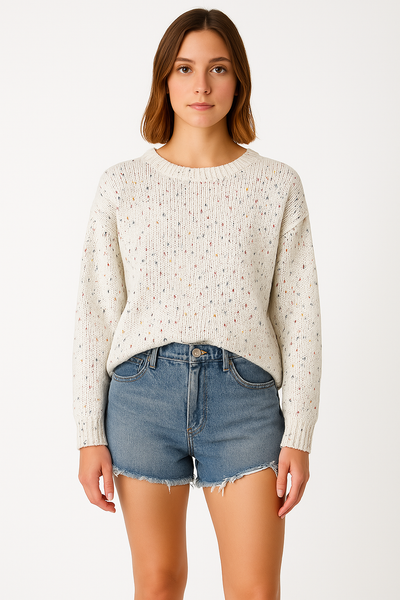 Women’s Pullover Sweater – Relaxed Fit – Knit Fabric – Ribbed Trim – Speckled Pattern