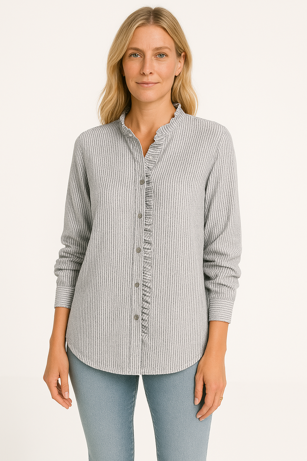 Women’s Blouse – Relaxed Fit – Textured Fabric – Long Sleeve – Button Front with Ruffle Trim
