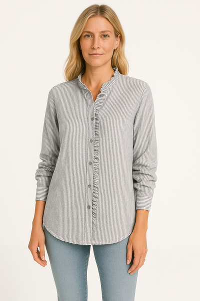 Women’s Blouse – Relaxed Fit – Textured Fabric – Long Sleeve – Button Front with Ruffle Trim